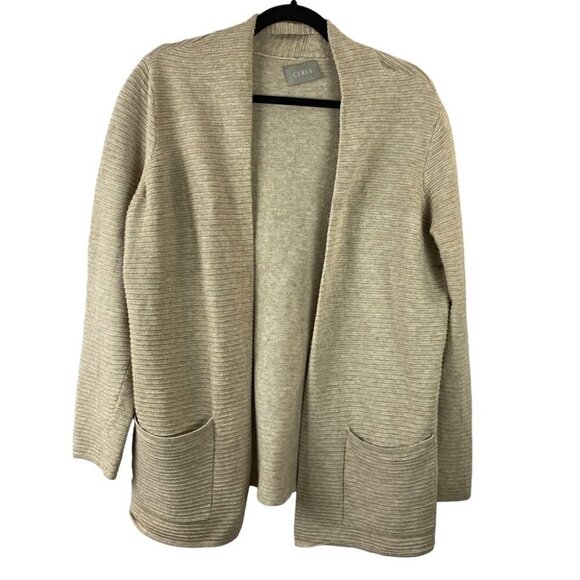Cyrus Neutral Open Front Long Sleeve Pockets Ribbed Knit Cardigan Large Cream - Picture 1 of 8